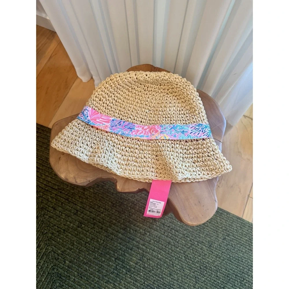Lilly Pulitzer Raffia Bucket Hat NWT Tropical Ribbon Resort Vacation Beach Straw